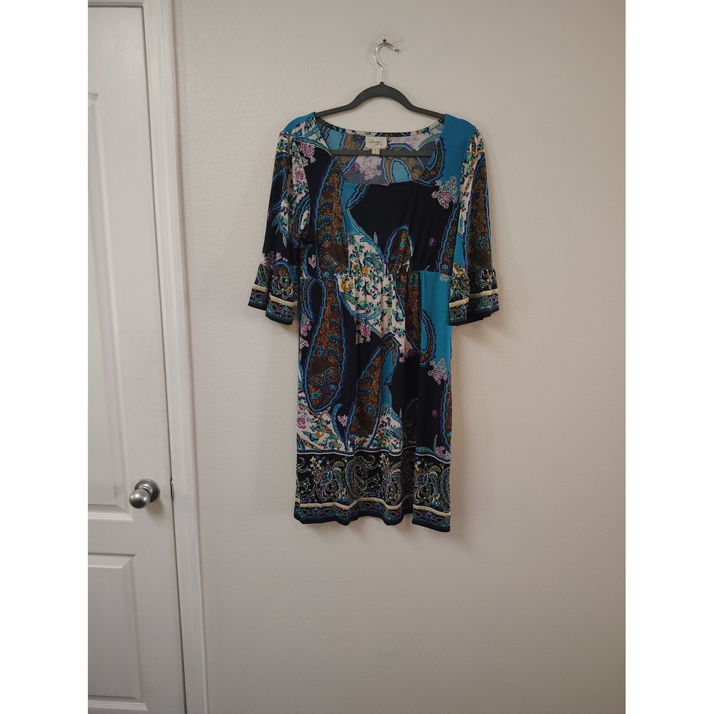 Beige by ECI Women Blue Paisley Floral Empire Waist Bell Sleeve Dress Size 10